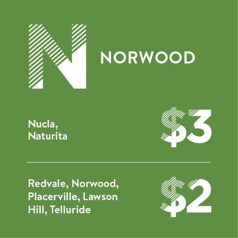 The Norwood schedule includes Nucla and Naturita for $3 or the Redvale, Norwood, Placerville, Lawson Hill, and Telluride route for $2